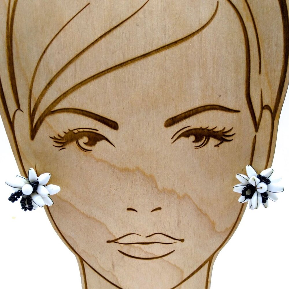 Spikey Vintage Cluster Earrings, Black and White Clip Ons with Abstract Floral V